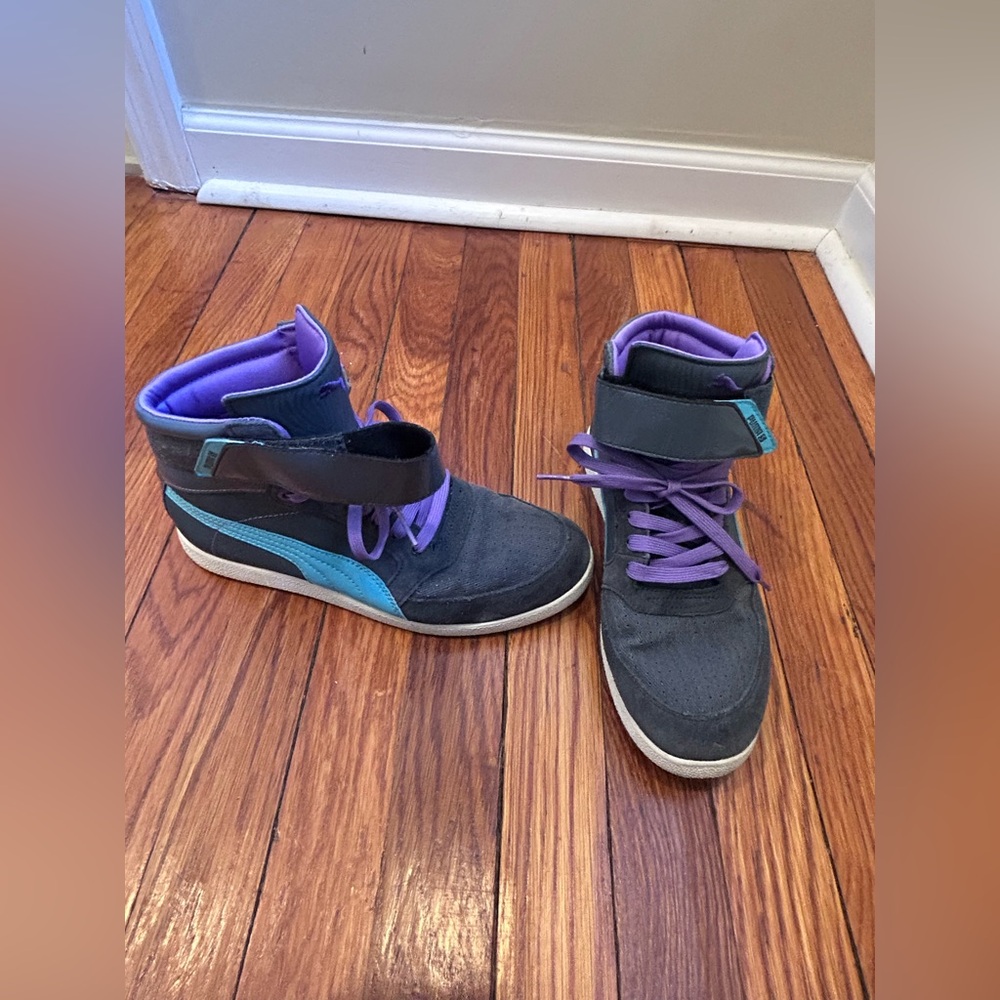 Puma High-Top Sneakers in Charcoal with Purple & Teal Accents